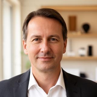 Hans Keller im hellen Büro mit Sortimentstafeln im Hintergrund