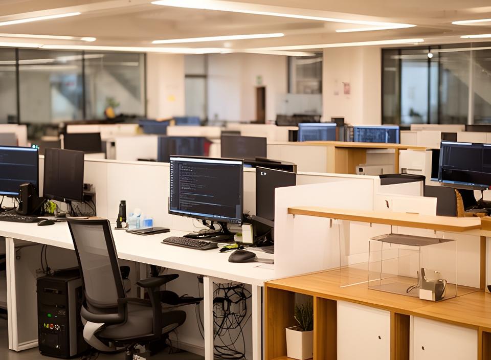Offene Bürozone für ein Tech-Startup mit 50 Arbeitsplätzen, Monitoren und modularen Stauraumlösungen