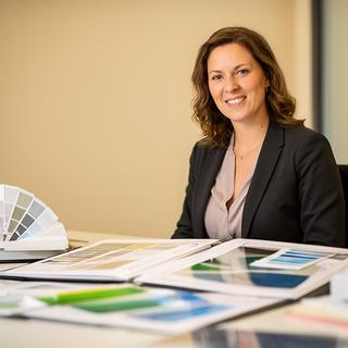 Lisa Weber in der Kundenberatung mit Mustermappen und Notizen auf dem Schreibtisch