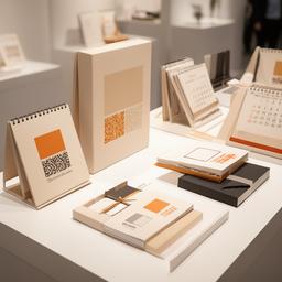 Personalisierte Kalender und Firmengeschenke mit Logo auf einem sauberen Präsentationstisch im hellen Showroom