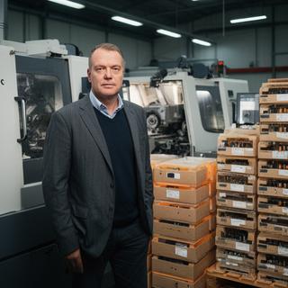 Marco Rossi in der Produktionsleitung neben Maschinen und sortierten Verpackungseinheiten