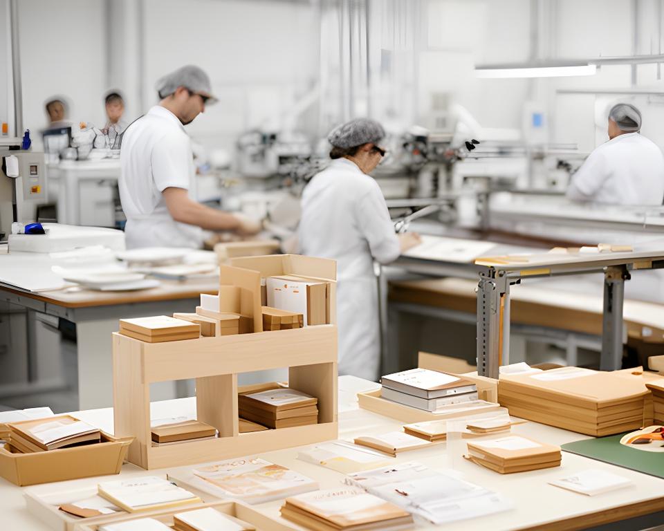 Familiengeführte Produktionshalle mit Mitarbeitenden an sauberen Arbeitsplätzen und sorgfältig sortierten Büroartikeln