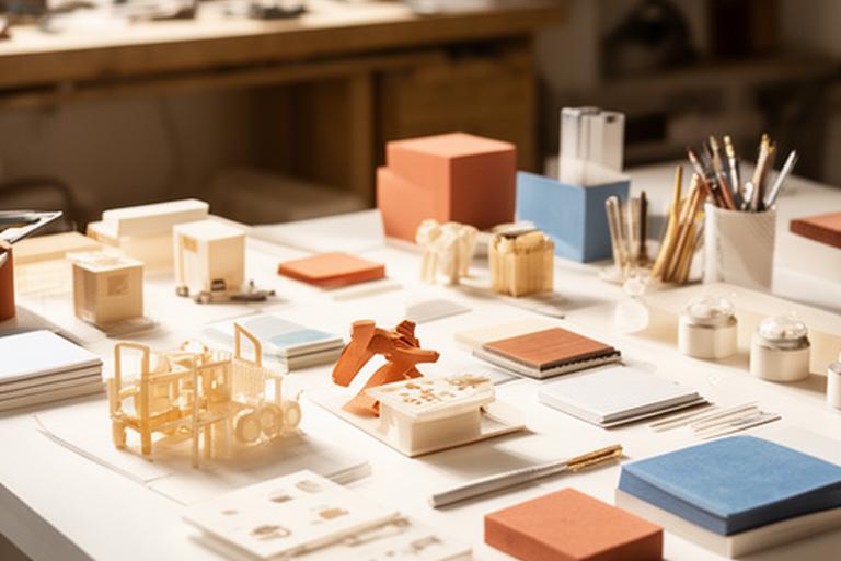 Arbeitsplatz mit Prototypen, Mustern und sauber sortierten Büroartikeln in einem hellen Zürcher Atelier