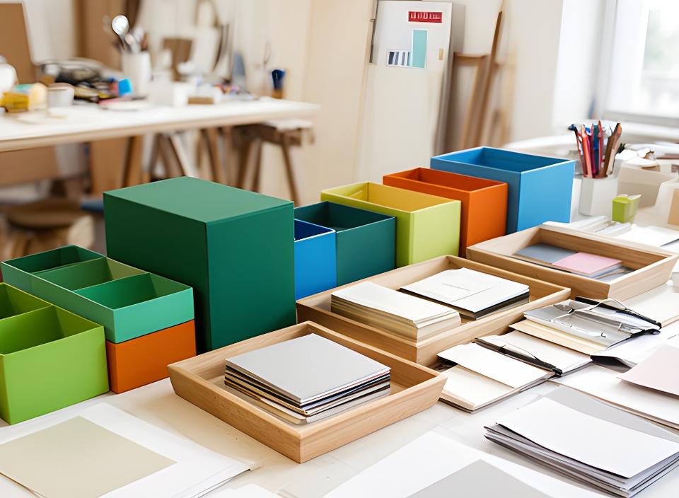 Kreativer Arbeitsplatz mit farbigen Organisationsboxen, Papiermustern und beschrifteten Ablagen in einem hellen Atelier